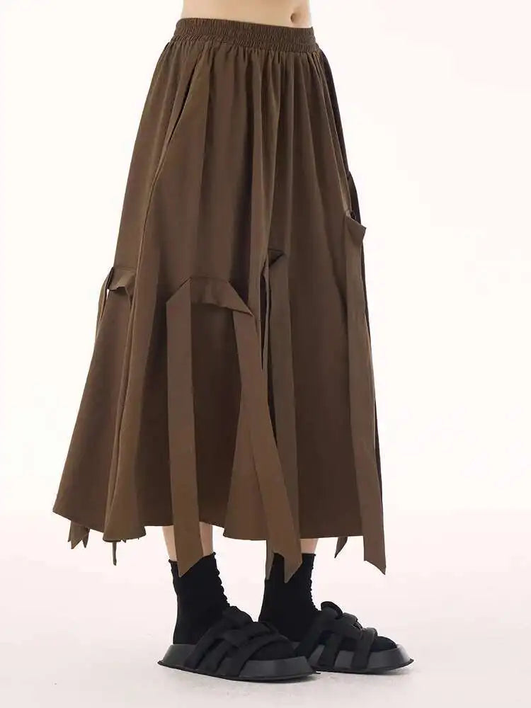 High Elastic Waist Coffee Ribbons Tassels A-line Half-body Skirt Women Fashion Tide New Spring Autumn 2025  1DH9213