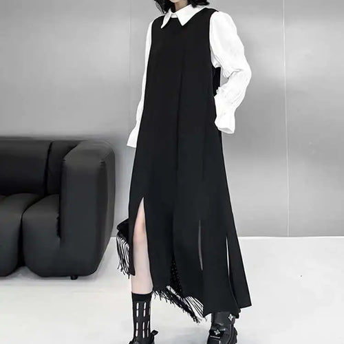 Load image into Gallery viewer, Women Black Irregular Ribbons Big Size Strap Dress New Round Neck Sleeveless Fashion Tide Spring Autumn 2025 1DH8059
