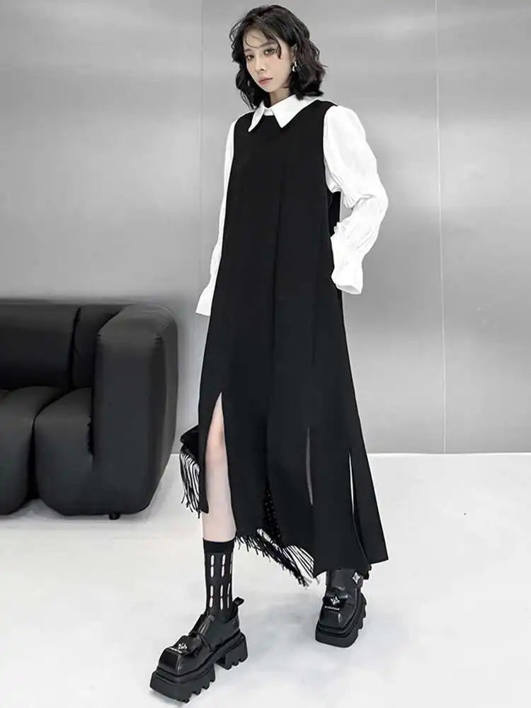 Women Black Irregular Ribbons Big Size Strap Dress New Round Neck Sleeveless Fashion Tide Spring Autumn 2025 1DH8059