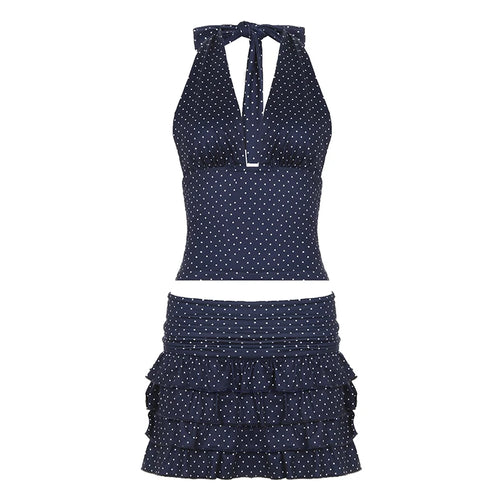 Load image into Gallery viewer, Holiday Style Polka Dot Two Pieces Set Women Sexy Mini Backless Halter Camis+Multi Layered Cake Short Skirts Y2K Chic
