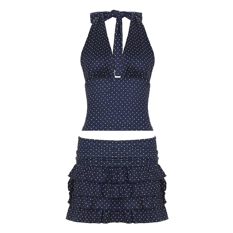 Holiday Style Polka Dot Two Pieces Set Women Sexy Mini Backless Halter Camis+Multi Layered Cake Short Skirts Y2K Chic