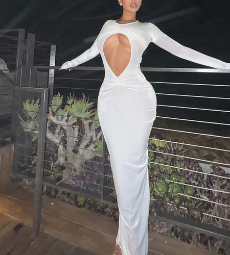 White Long Sleeve Hollow Out Sexy Slim Maxi Prom Dress Fall Winter Women Fashion Y2K Outfits Birthday Party