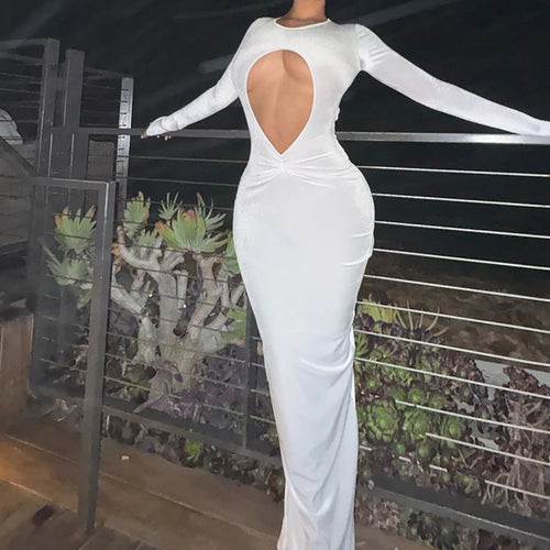 Load image into Gallery viewer, White Long Sleeve Hollow Out Sexy Slim Maxi Prom Dress Fall Winter Women Fashion Y2K Outfits Birthday Party
