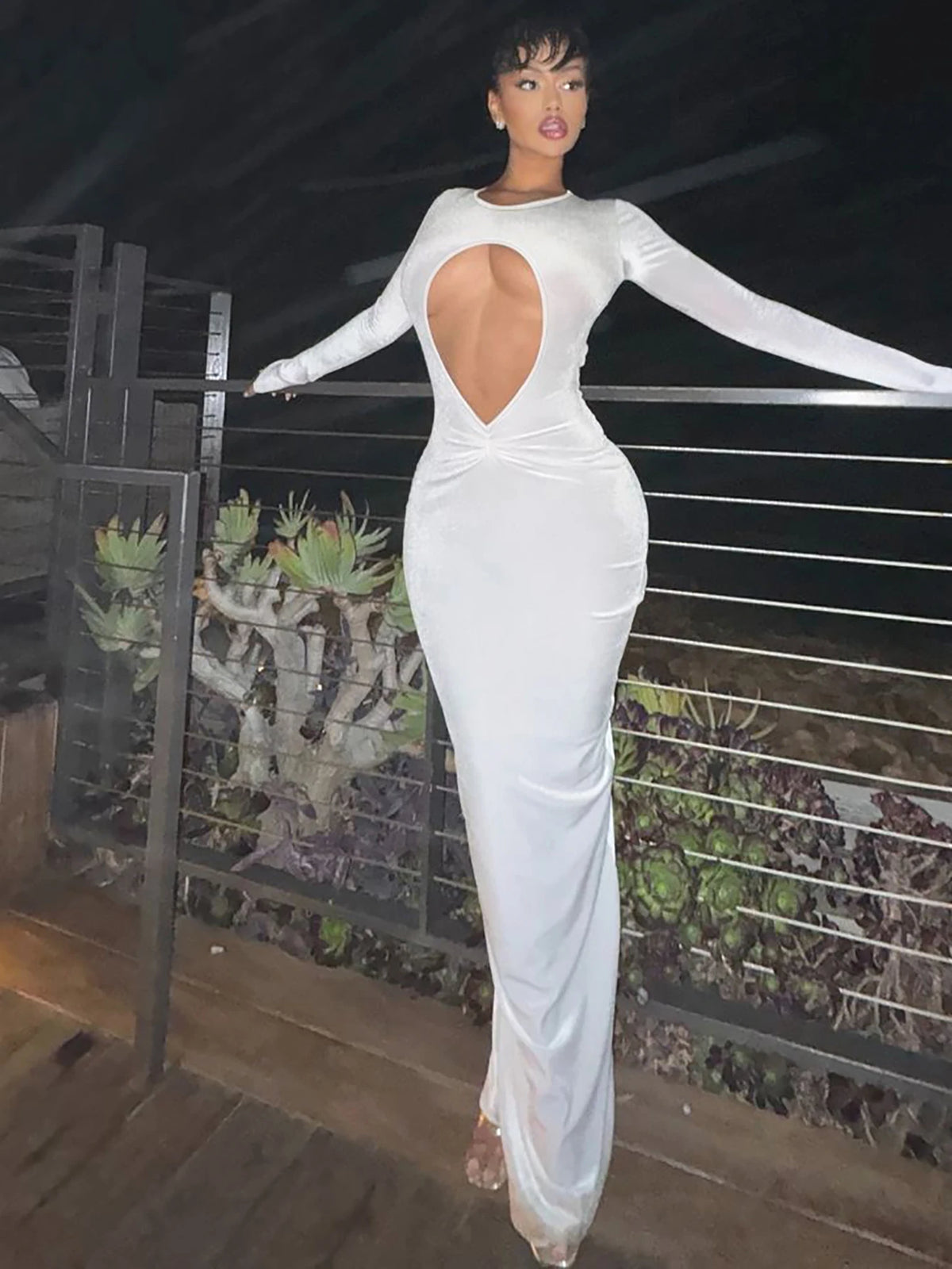 White Long Sleeve Hollow Out Sexy Slim Maxi Prom Dress Fall Winter Women Fashion Y2K Outfits Birthday Party