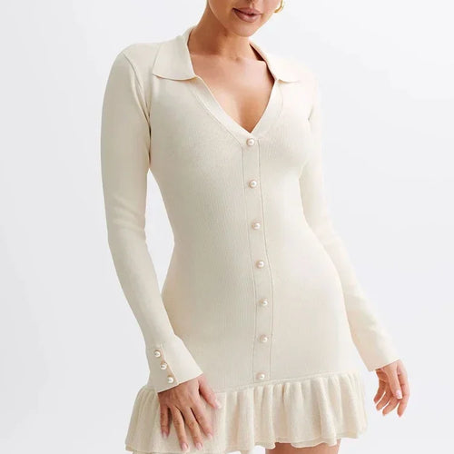 Load image into Gallery viewer, Autumn Winter Knitted Dress Sexy Black Hollow Out Bow Dress Stand Collar Women Long Sleeve Slim Party Dresses
