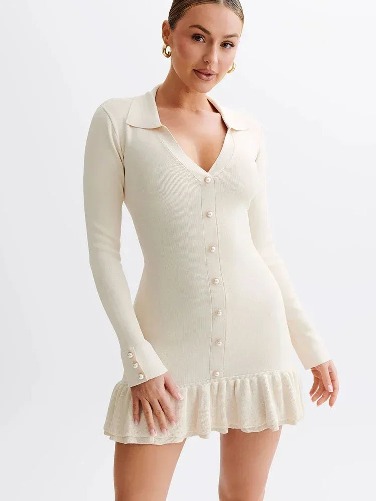 Autumn Winter Knitted Dress Sexy Black Hollow Out Bow Dress Stand Collar Women Long Sleeve Slim Party Dresses