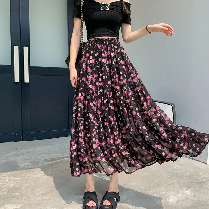 French Vintage Black Floral Ruffled High Waisted Vacation Pleated Long Skirt Women Elegant Party Skirt Clothes Spring Summer New