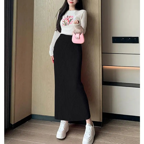 Load image into Gallery viewer, Autumn Winter Women Solid Straight Knitted Skirt Elastic High Waist Office Ladies Striped Wrapped Hip Long Skirts Popular
