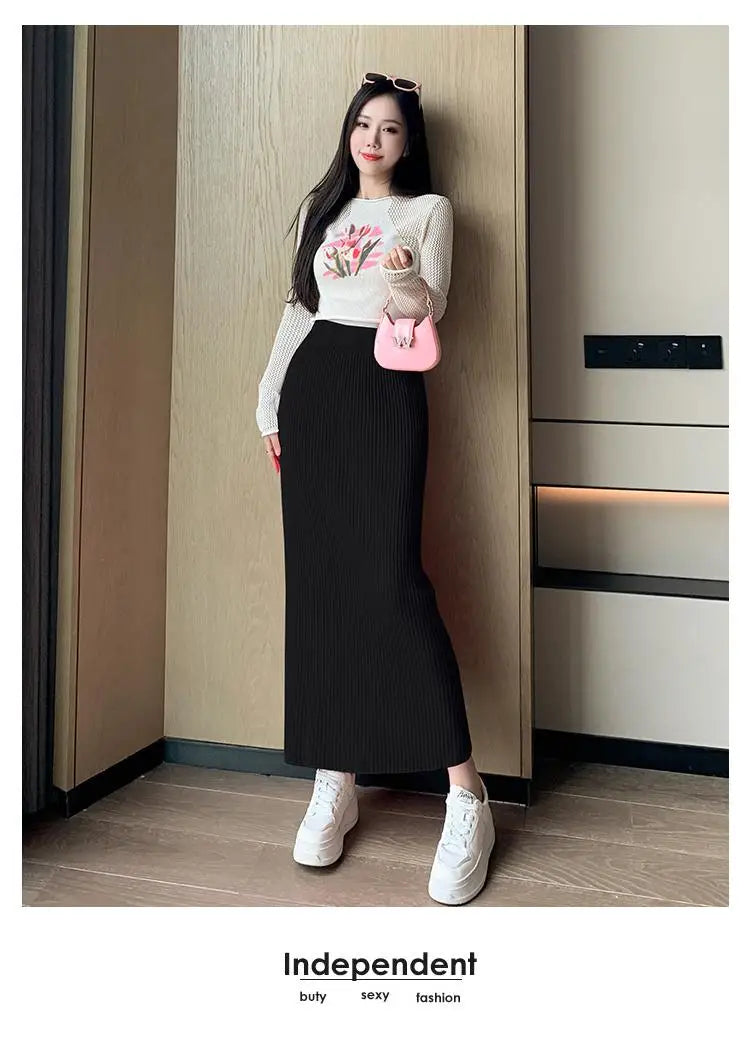 Autumn Winter Women Solid Straight Knitted Skirt Elastic High Waist Office Ladies Striped Wrapped Hip Long Skirts Popular
