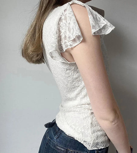 Fashion V-Neck With Bow Lace Slimming T-shirts Women Elegant Solid Chic Short Sleeve Top Tees Y2K Aesthetics Outifits