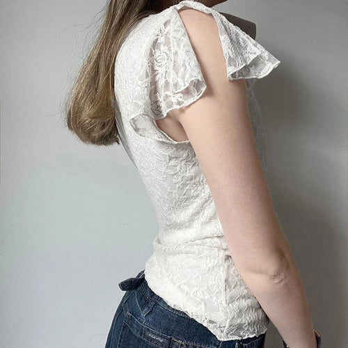 Load image into Gallery viewer, Fashion V-Neck With Bow Lace Slimming T-shirts Women Elegant Solid Chic Short Sleeve Top Tees Y2K Aesthetics Outifits
