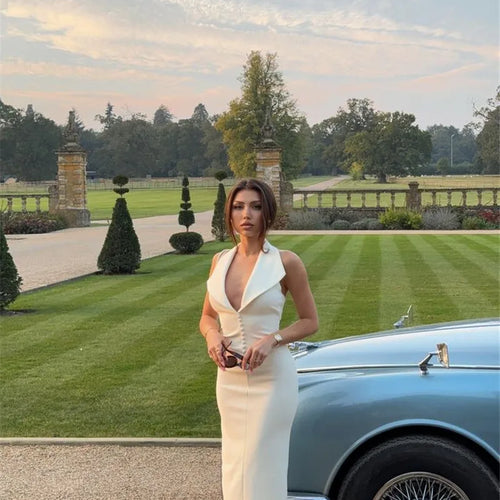 Load image into Gallery viewer, Halter Deep V Neck Sleeveless Sexy Maxi Dress For Women Elegant Backless Bodycon Tank Dress Femme Fashion Long Dress
