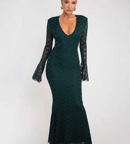Elegant Lace Long Sleeve Sexy Maxi Dress For Women Fashion Deep V Neck Bodycon Party Club Sexy Long Dress Fashion