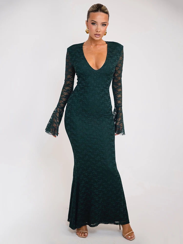 Elegant Lace Long Sleeve Sexy Maxi Dress For Women Fashion Deep V Neck Bodycon Party Club Sexy Long Dress Fashion