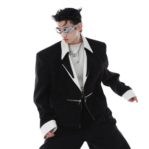 Load image into Gallery viewer, Short Men&#39;s Blazers Contrast Color Lapel Shoulder Pad Suit Jacket 2024 New Metal Zipper Niche Design Streetwear 9A6807
