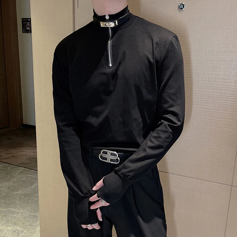 Men's Mock Neck T-shirt Long Sleeve Tees Solid Color Metal Zipper Design Leather Buckle Spring Business Casual 9W1417