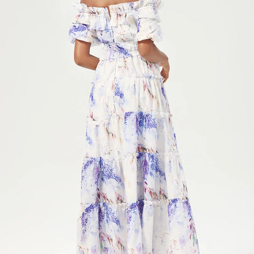 Load image into Gallery viewer, Elegant Floral Printing Dresses For Women Slash Neck Off Shoulder Puff Sleeve High Waist Spliced Ruffles Casual Dress Female
