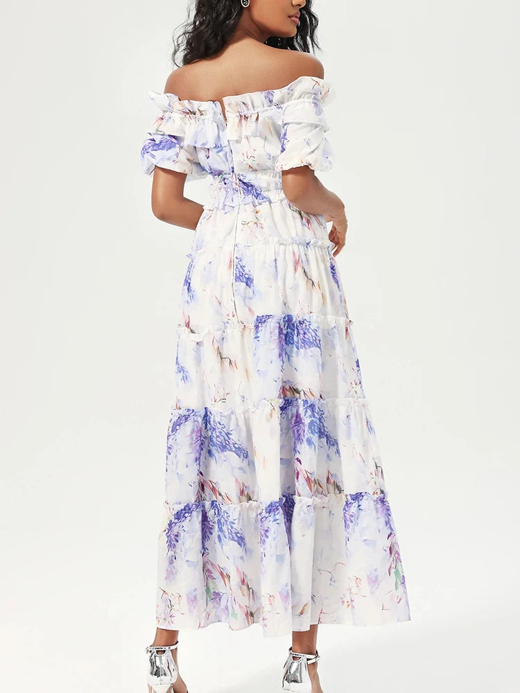 Elegant Floral Printing Dresses For Women Slash Neck Off Shoulder Puff Sleeve High Waist Spliced Ruffles Casual Dress Female