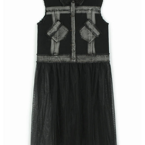 Load image into Gallery viewer, Women Black Denim Burr Mesh Spliced Big Size Vest Dress New Lapel Sleeveless Fashion Tide Spring Autumn 2025   1DJ1352
