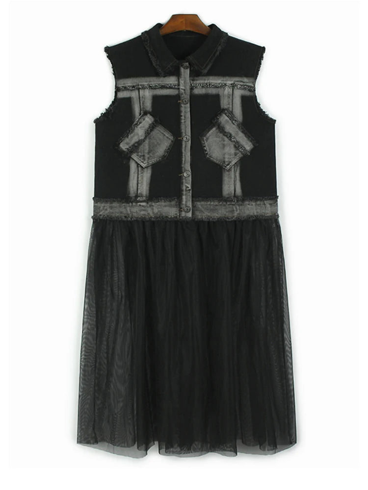 Women Black Denim Burr Mesh Spliced Big Size Vest Dress New Lapel Sleeveless Fashion Tide Spring Autumn 2025   1DJ1352