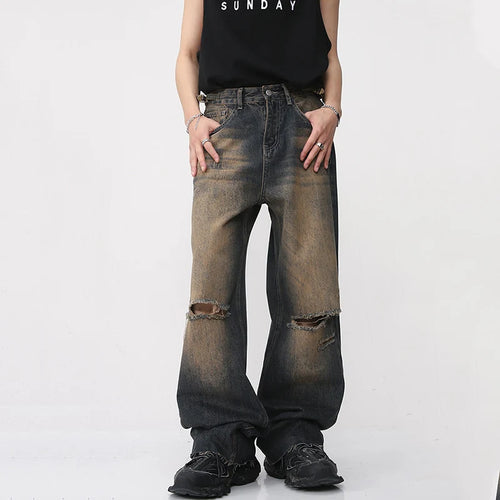 Load image into Gallery viewer, American Style Vintage Male Hiole Jeans Summer High Street Men&#39;s Wide Leg Denim Pants Gradient Straight Trousers 9A8592
