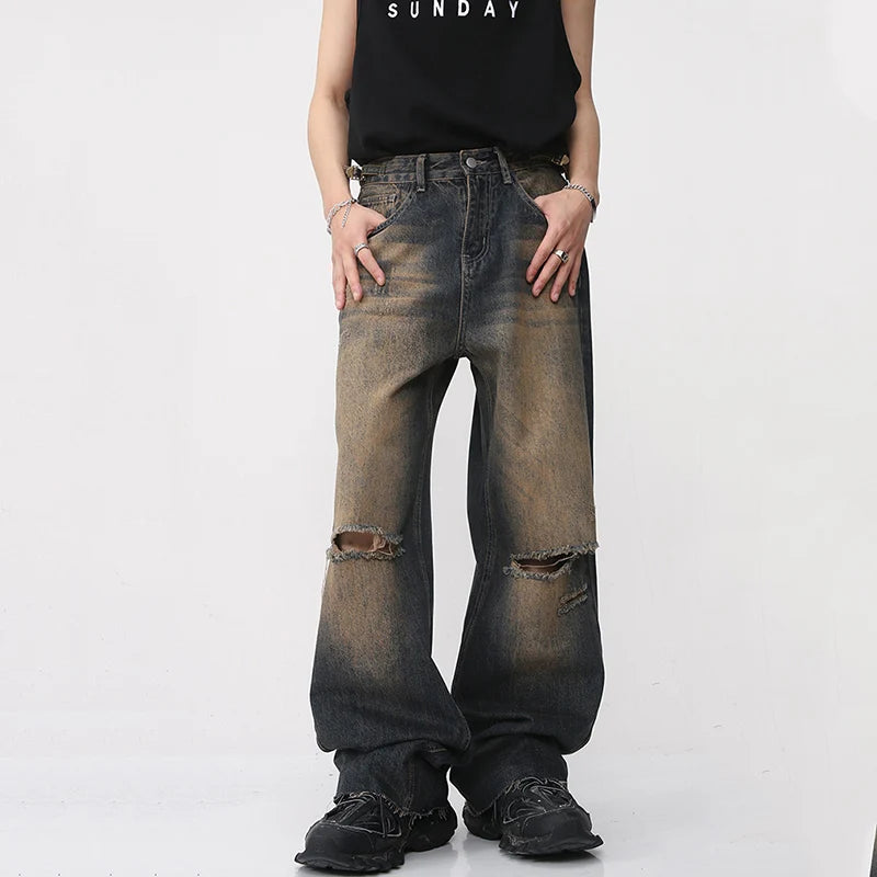 American Style Vintage Male Hiole Jeans Summer High Street Men's Wide Leg Denim Pants Gradient Straight Trousers 9A8592