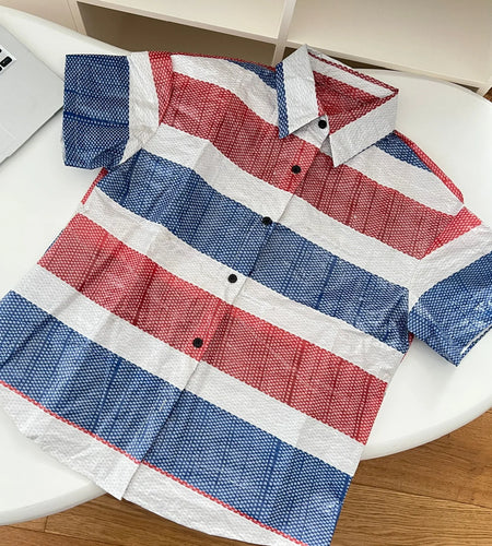 Korean Blue Patchwork Single Breasted Casual T-shirt Women's Summer Fashion Elegant Holiday Short Sleeve Tops Versatile Trendy