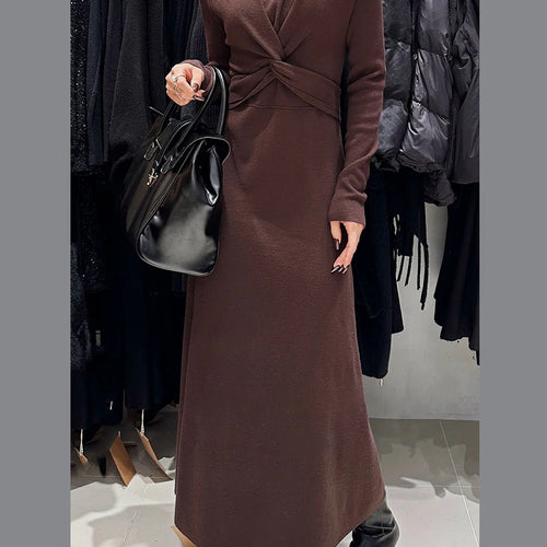 Load image into Gallery viewer, Solid Slimming Knitted Dresses For Women Stand Collar Long Sleeve High Waist Designer Dress Female Fashion Style
