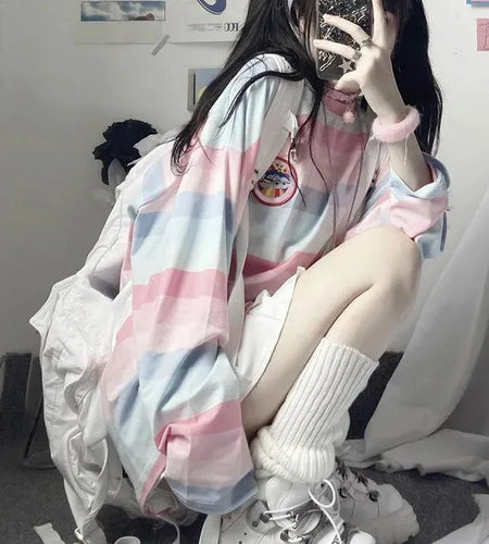 Rainbow Pullovers Women Striped Long Sleeve Top Autumn Spring Harajuku School Kawaii Korean Style Oversized Top