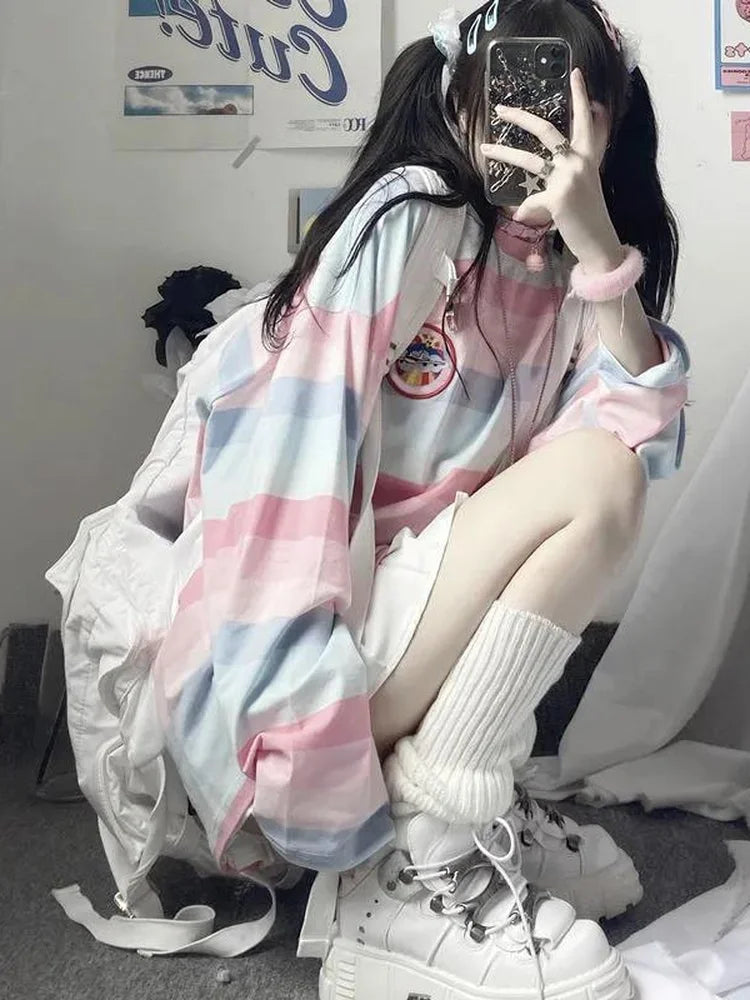 Rainbow Pullovers Women Striped Long Sleeve Top Autumn Spring Harajuku School Kawaii Korean Style Oversized Top