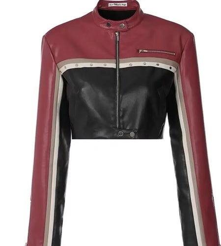 Contrast Color Leather Jacket Women 2024 Ropa Mujer Stand Neck Long Sleeve PU Outwear Y2k Tops Casual Streetwear Chic Crop Coat