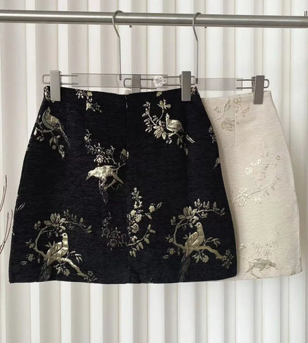 Chinese Style Black Boho Mini Skirt For Women 2024 Beige Print High Waist New Summer Wrapped Hip A-line Short Jacquard Skirt Y2k