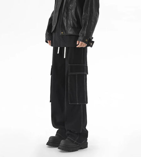 Men Cargo Jeans American Drawstring Contrasting Color Loose Open Line Design Straight Leg Casual Denim Pants Spring 9W1325