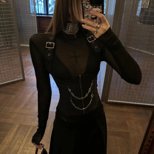 Load image into Gallery viewer, 2025 Sexy Y2k Aesthetic Two Pieces Set Women See Through Slim Fit Pullover + Halter Cropped Chain Vest Streetwear Grunge Outfits
