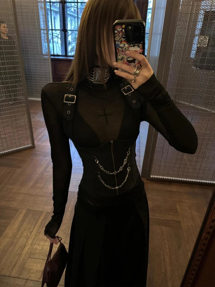 2025 Sexy Y2k Aesthetic Two Pieces Set Women See Through Slim Fit Pullover + Halter Cropped Chain Vest Streetwear Grunge Outfits