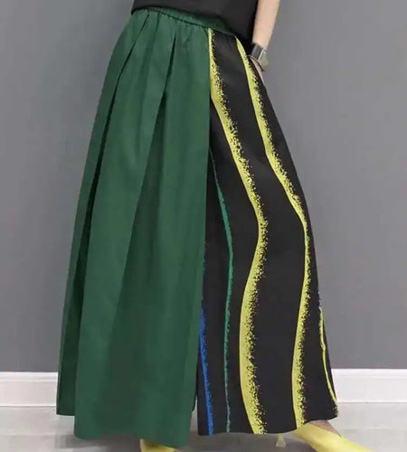 Women Green Striped Color-block Wide Leg Pants High Elastic Waist New Loose Trousers Fashion Spring Autumn 2025 1DF9205