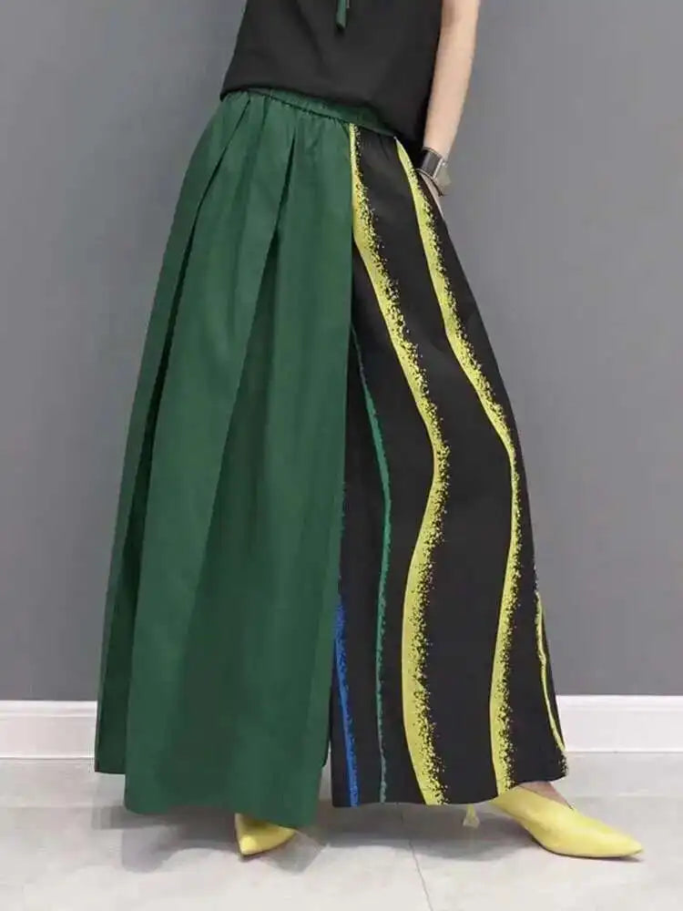 Women Green Striped Color-block Wide Leg Pants High Elastic Waist New Loose Trousers Fashion Spring Autumn 2025 1DF9205