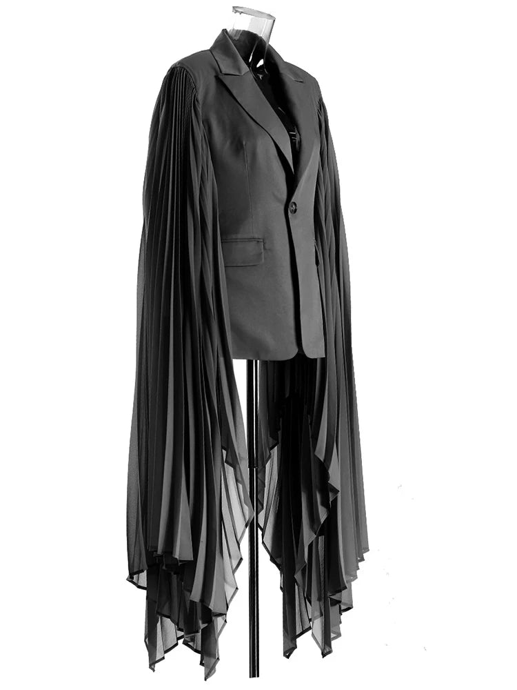 Women Khaki Pleated Irregular Elegant Blazer New Lapel Long Ruffles Sleeve Jacket Fashion Tide Spring Autumn 2025 1DH6395