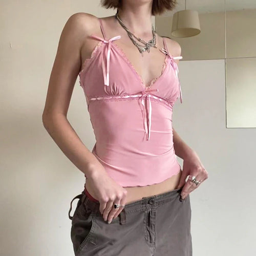 Load image into Gallery viewer, Coquette Pink Bow Lace Trim Summer Camis Tops Korean Fashion Hotsweet Cropped Top Female Strap 2000s Aesthetic Skinny
