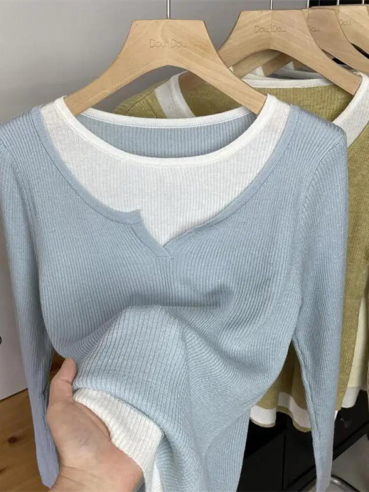 Autumn Winter Women's Patchwork Long Sleeved Pullover Sweater French Casual Round Neck Holiday Knitwear Tops 2024 New Streetwear