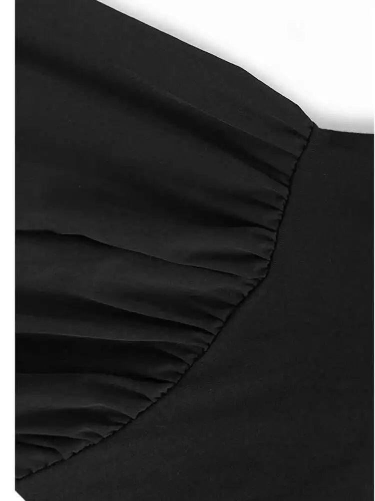 Women Black Side Pleated Spliced Big Size Midi Dress New Round Neck Long Sleeve Fashion Tide Spring Autumn 2025 1DH7010
