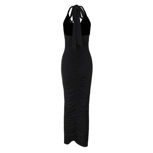 Load image into Gallery viewer, Halter Deep V Neck Sexy Maxi Dress For Women Gown Black Sleeveless Backless Bodycon Ruched Club Party Long Dress
