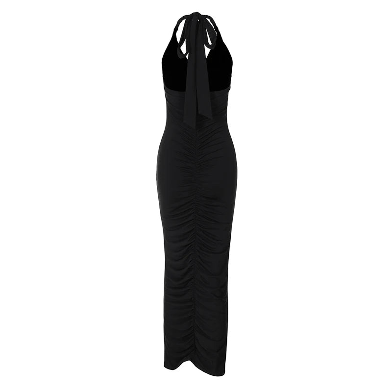 Halter Deep V Neck Sexy Maxi Dress For Women Gown Black Sleeveless Backless Bodycon Ruched Club Party Long Dress