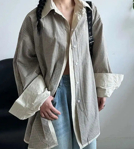 Women Khaki Plaid Double Layers Color-block Big Size Blouse New Lapel Long Sleeve Shirt Fashion Spring Autumn 2025 1DJ0728