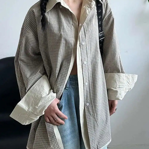 Load image into Gallery viewer, Women Khaki Plaid Double Layers Color-block Big Size Blouse New Lapel Long Sleeve Shirt Fashion Spring Autumn 2025 1DJ0728

