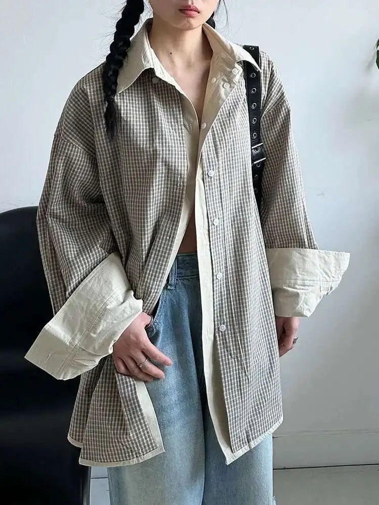Women Khaki Plaid Double Layers Color-block Big Size Blouse New Lapel Long Sleeve Shirt Fashion Spring Autumn 2025 1DJ0728