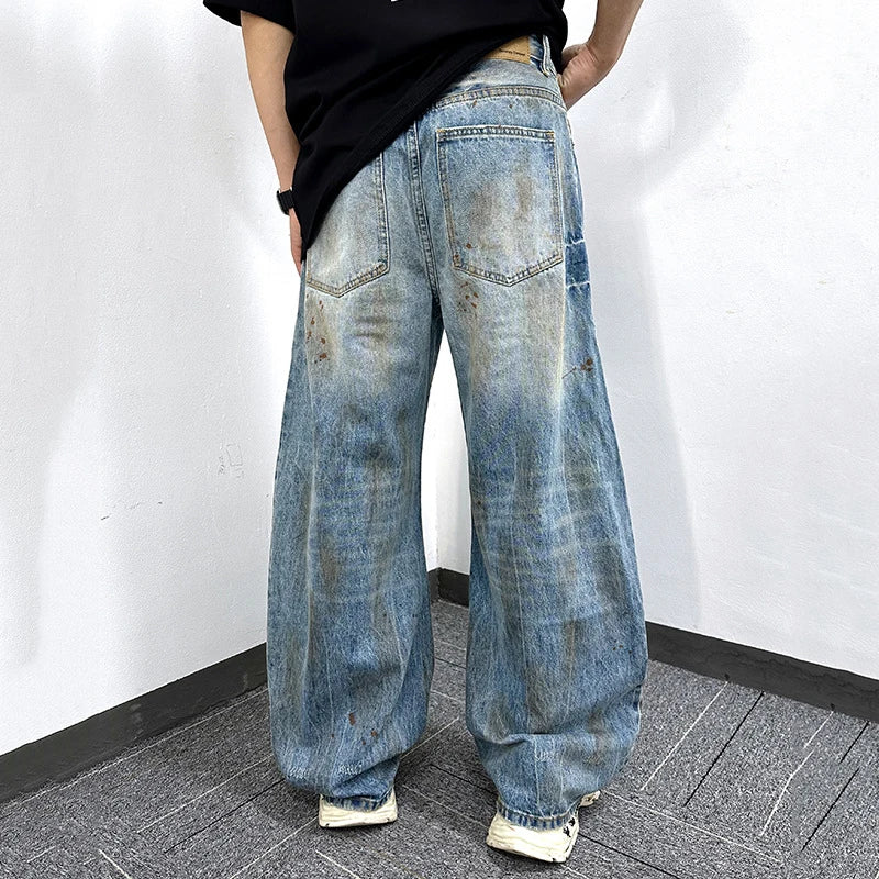 Men's Jeans New Summer Dirty Simple Straight Wide Leg Trendy Worn-out Pesonality Hole Male Loose Denim Pants 9W1862