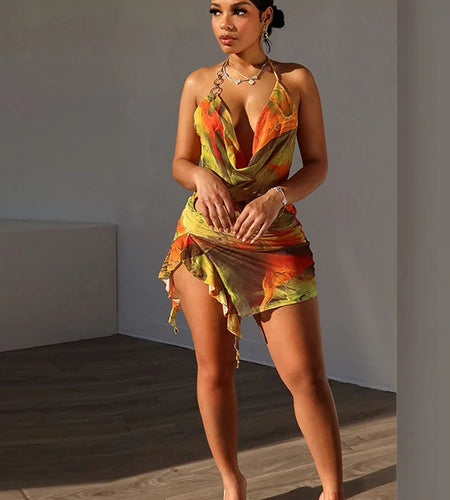 Sexy Hanging Collar 2024 Summer Irregular Tie Dye Hollow Out Dress Women's Mesh Print Lace Up Dress Beach Party Clothing