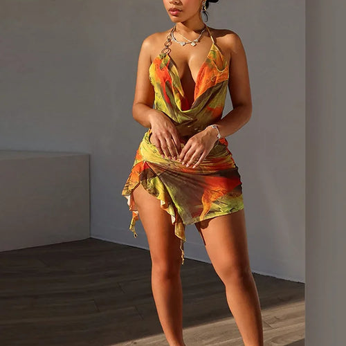 Load image into Gallery viewer, Sexy Hanging Collar 2024 Summer Irregular Tie Dye Hollow Out Dress Women's Mesh Print Lace Up Dress Beach Party Clothing
