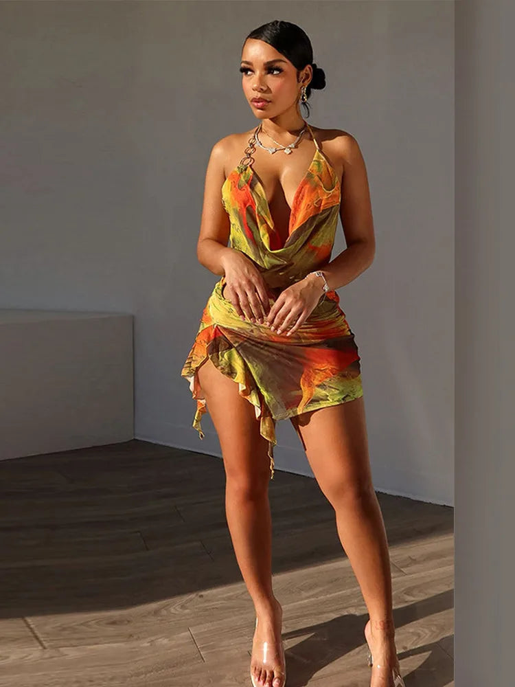 Sexy Hanging Collar 2024 Summer Irregular Tie Dye Hollow Out Dress Women's Mesh Print Lace Up Dress Beach Party Clothing